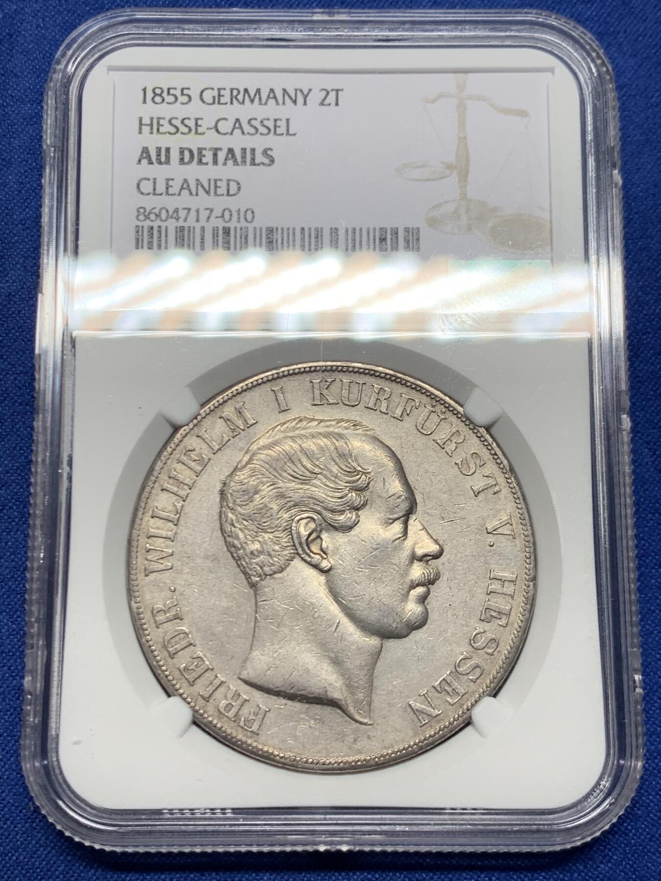 《竞宝斋》第467场 周日，周一 2场连拍 （全场包邮）欢迎送拍 NGC AU 德国 1855年 黑森卡塞尔 2泰勒大银币 37克大窗帘 细节保存的很好