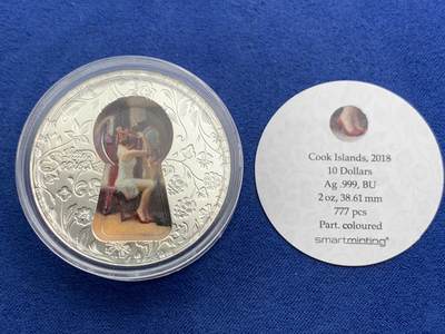 《竞宝斋》第467场 周日，周一 2场连拍 （全场包邮）欢迎送拍 - 库克2018年10元部分彩色普制银币 小秘密 999银2盎司 发行量：777 盒证全