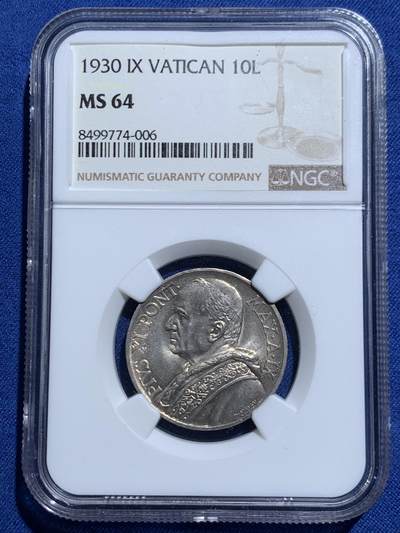 《竞宝斋》第467场 周日，周一 2场连拍 （全场包邮）欢迎送拍 - NGC MS64 梵蒂冈1930年教皇10里拉银币