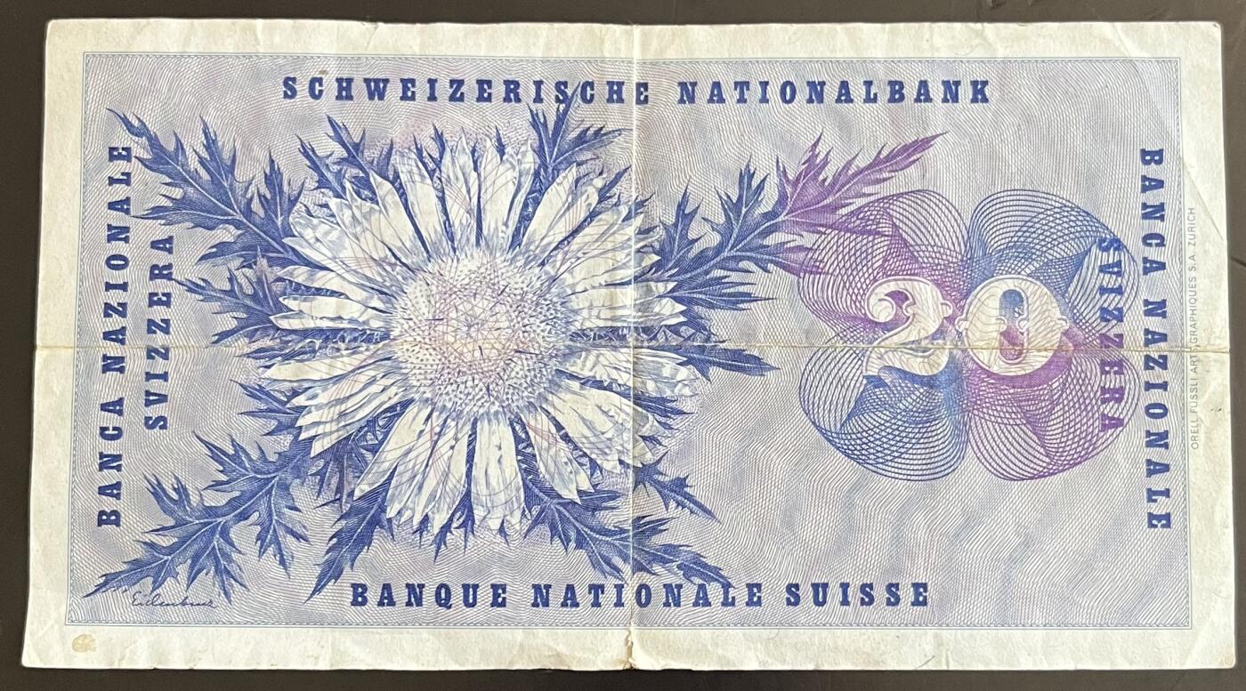 小福收藏拍卖第202期 流通品相裸钞 特惠场 本场全部为欧洲纸币【佣金仅收2% 不设最低佣金 全场包邮】 瑞士 1969年 20法郎