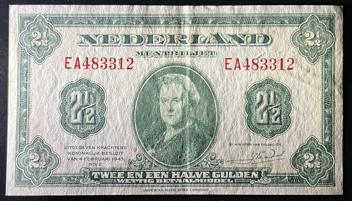 小福收藏拍卖第202期 流通品相裸钞 特惠场 本场全部为欧洲纸币【佣金仅收2% 不设最低佣金 全场包邮】 荷兰 1943年 2又1/2盾 AUNC