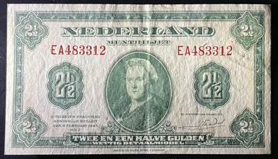 小福收藏拍卖第202期 流通品相裸钞 特惠场 本场全部为欧洲纸币【佣金仅收2% 不设最低佣金 全场包邮】 荷兰 1943年 2又1/2盾 AUNC