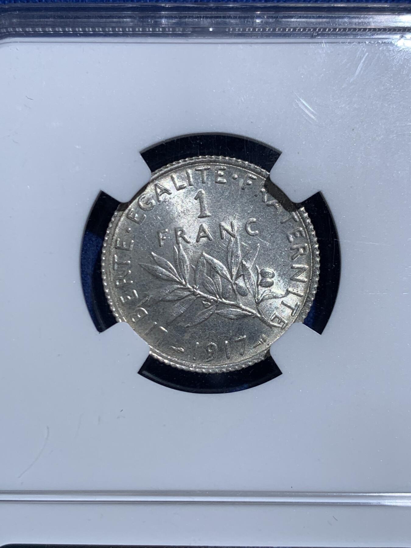 《竞宝斋》第467场 周日，周一 2场连拍 （全场包邮）欢迎送拍 NGC MS62 法国1917年播种女神1法郎银币