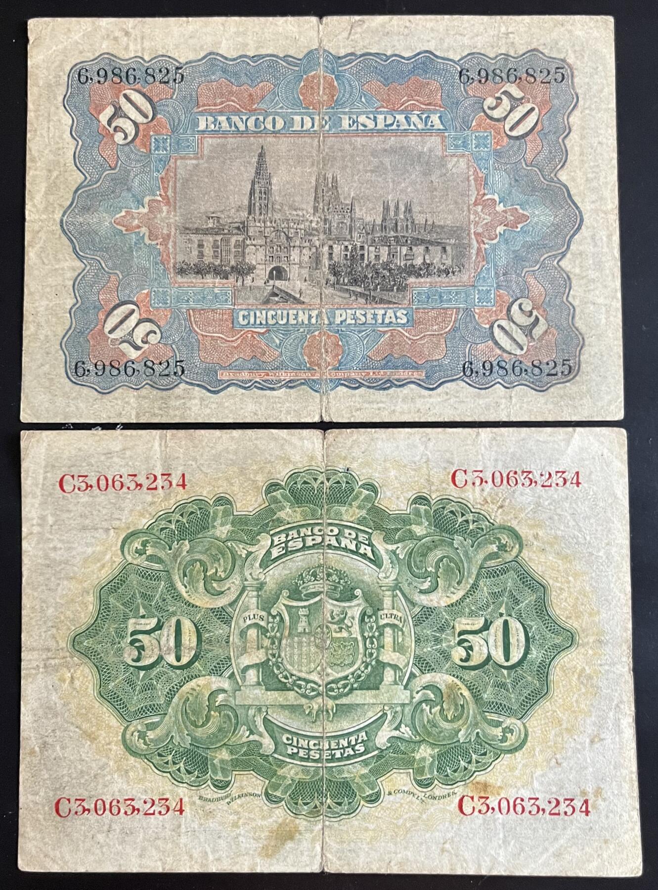 小福收藏拍卖第202期 流通品相裸钞 特惠场 本场全部为欧洲纸币【佣金仅收2% 不设最低佣金 全场包邮】 西班牙 1906年 50+1907年 50比塞塔 1组2张