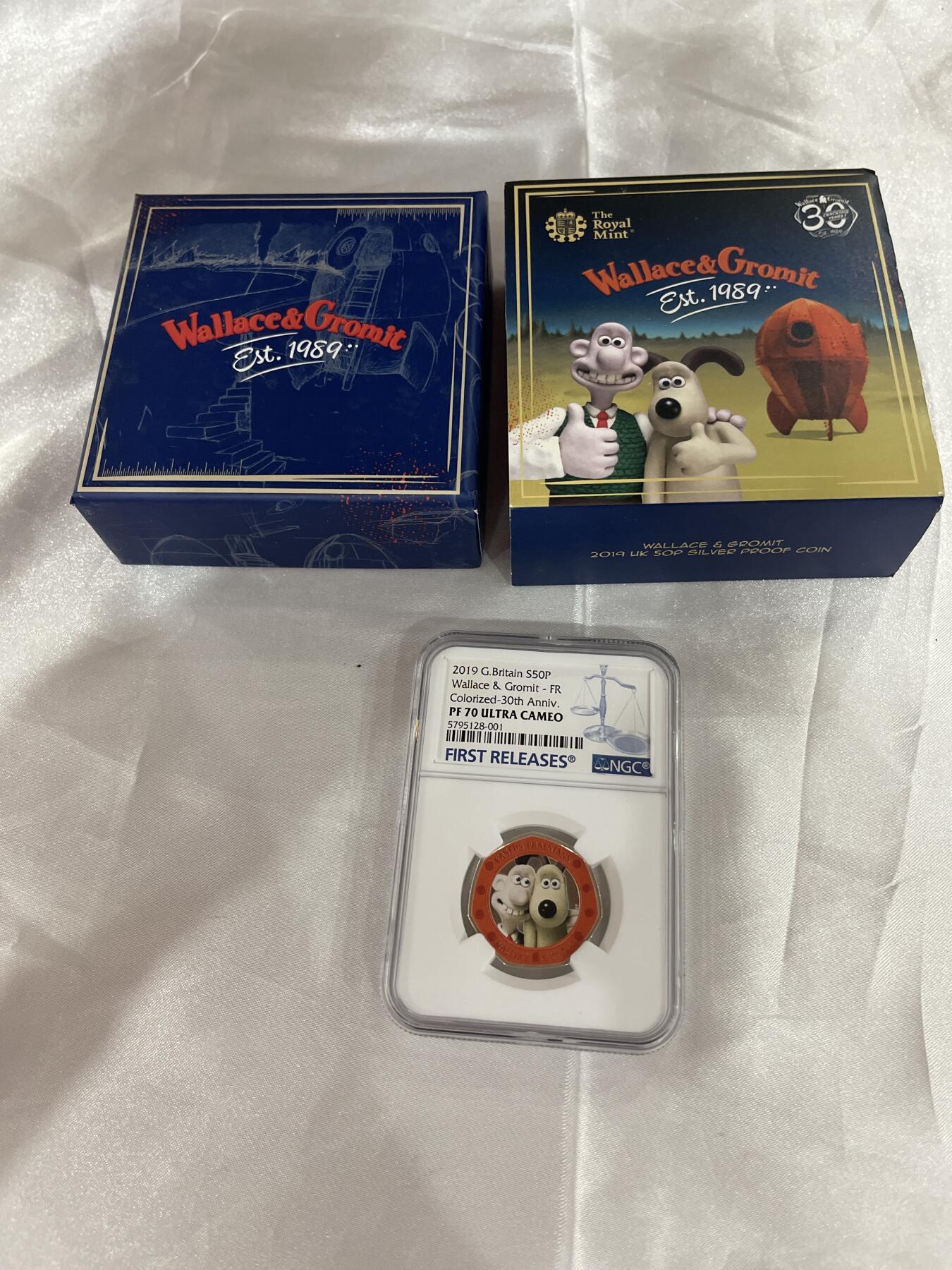 英国2019年卡通无敌掌门狗彩色精制银币 NGC70 格罗米特和华莱士