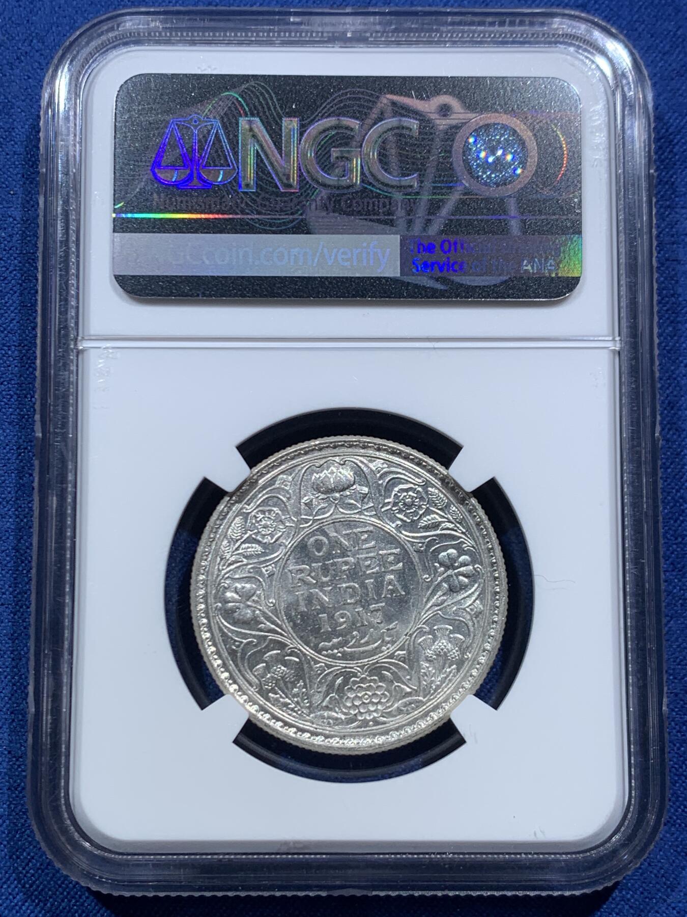 《竞宝斋》第467场 周日，周一 2场连拍 （全场包邮）欢迎送拍 NGC MS62 英属印度1917年乔治五世1卢比银币