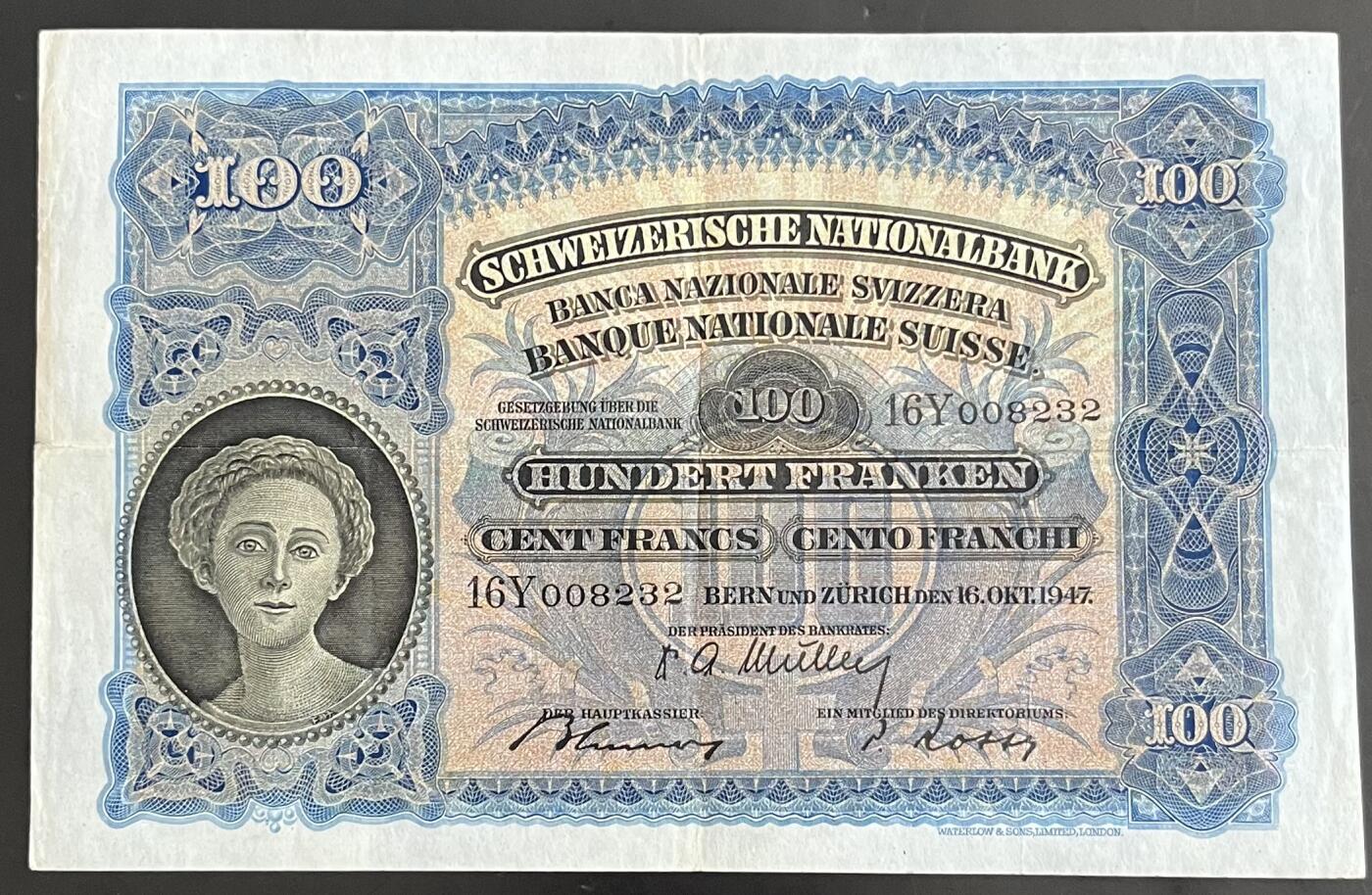 小福收藏拍卖第202期 流通品相裸钞 特惠场 本场全部为欧洲纸币【佣金仅收2% 不设最低佣金 全场包邮】 瑞士 1947年 100法郎