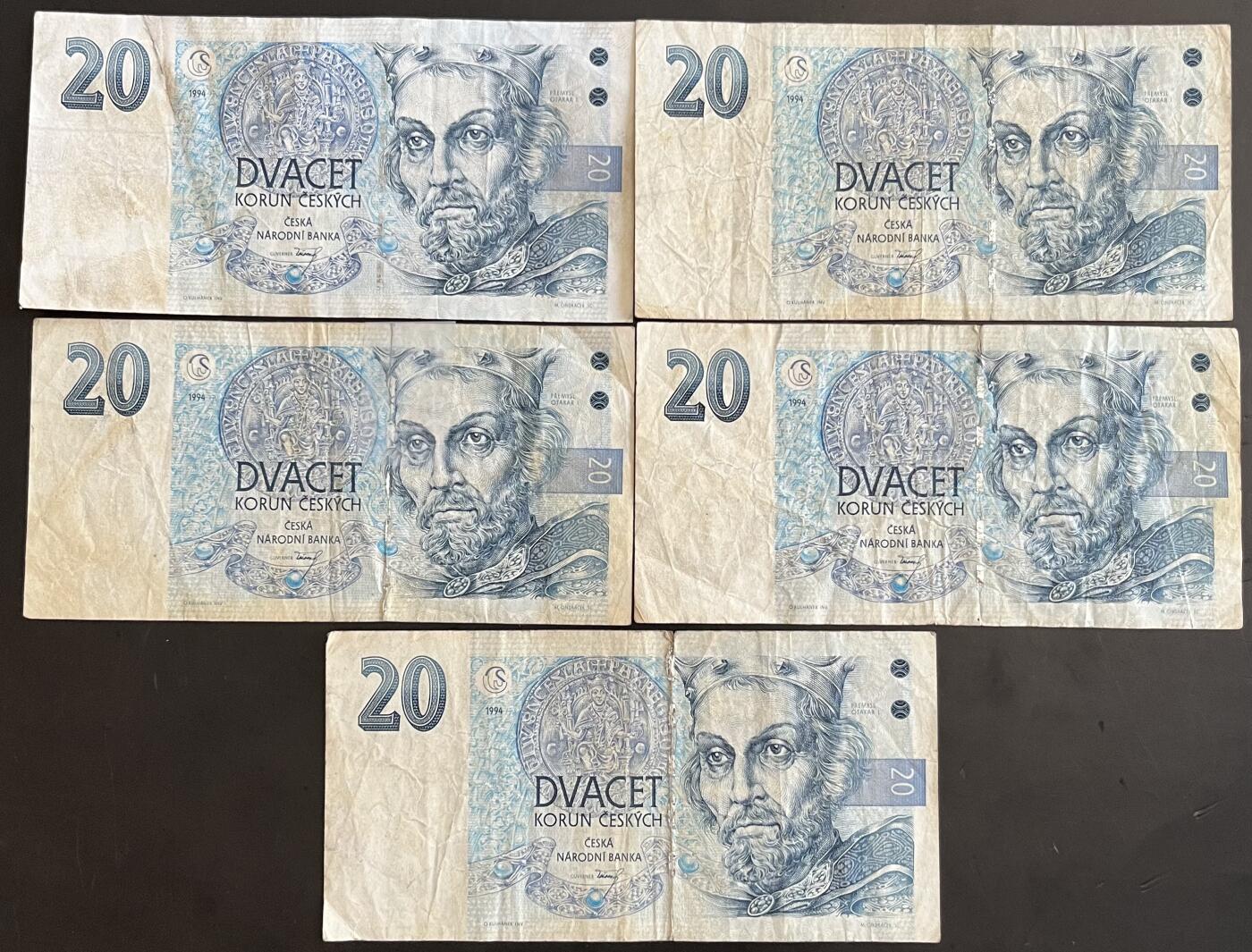 小福收藏拍卖第202期 流通品相裸钞 特惠场 本场全部为欧洲纸币【佣金仅收2% 不设最低佣金 全场包邮】 捷克纸币 20克朗 1组5张