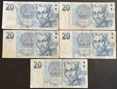 小福收藏拍卖第202期 流通品相裸钞 特惠场 本场全部为欧洲纸币【佣金仅收2% 不设最低佣金 全场包邮】 - 捷克纸币 20克朗 1组5张