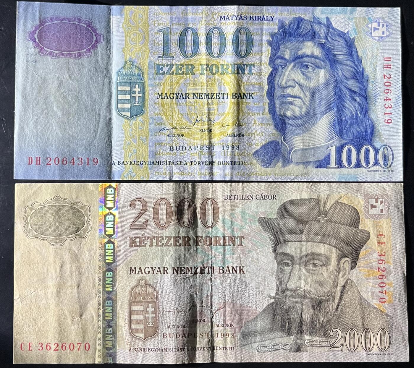 小福收藏拍卖第202期 流通品相裸钞 特惠场 本场全部为欧洲纸币【佣金仅收2% 不设最低佣金 全场包邮】 匈牙利 1998年 1000+2000福林 首版 1组2张
