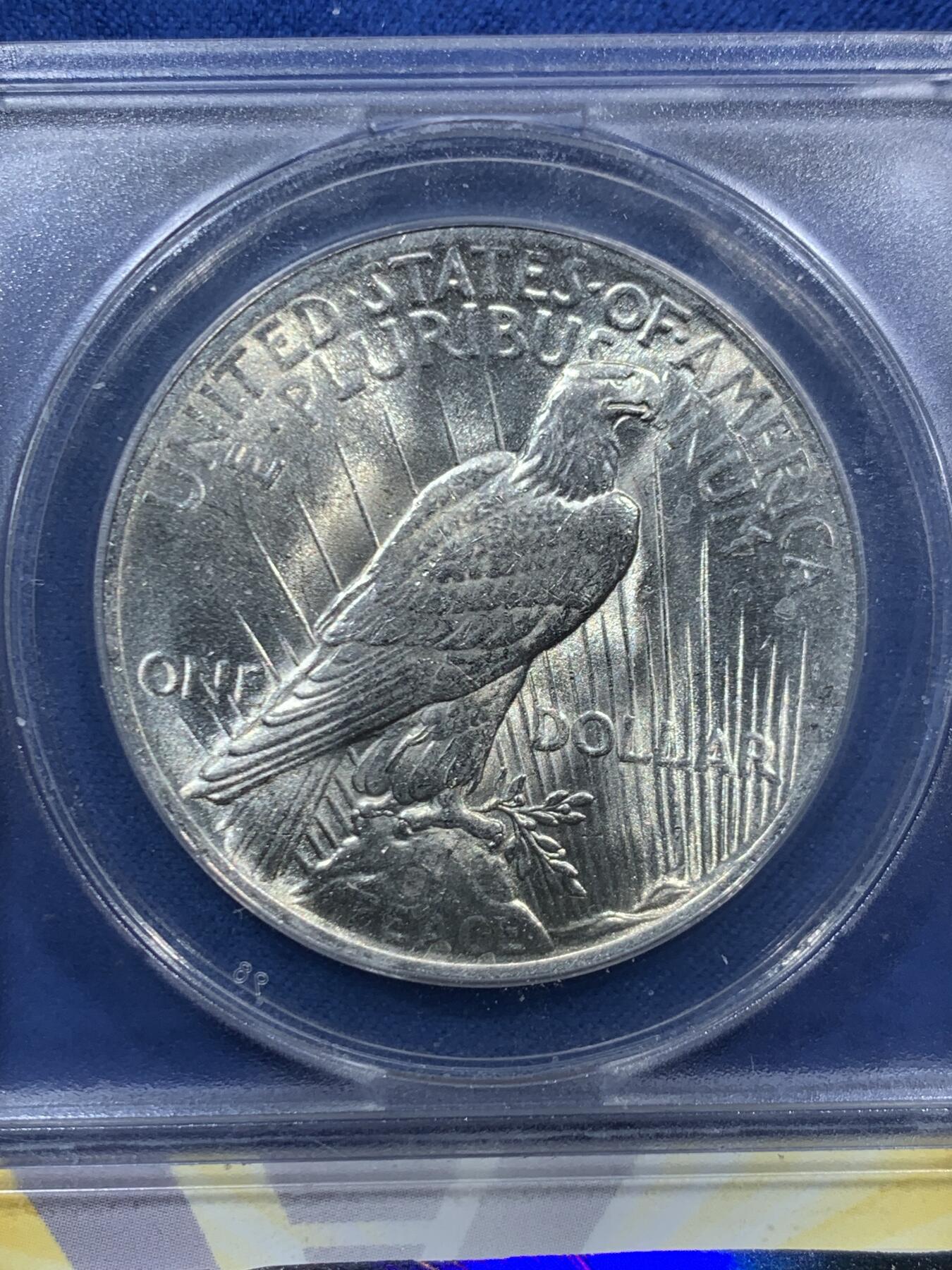 《竞宝斋》第467场 周日，周一 2场连拍 （全场包邮）欢迎送拍 ANACS MS63 美国1923年和平银币 霜感很不错