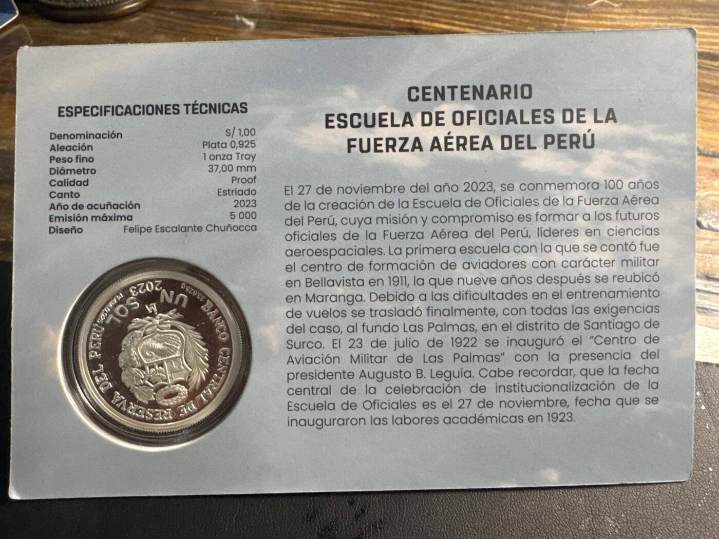 ❤️【币观天下】❤️ 第343期钱币秒杀拍卖场- 2026.3.6周五晚上6点半场 长期征集拍品  秘鲁2023年军事飞行学院成立100周年纪念银币，33克大银币，含银量0.925含纯银31.1克