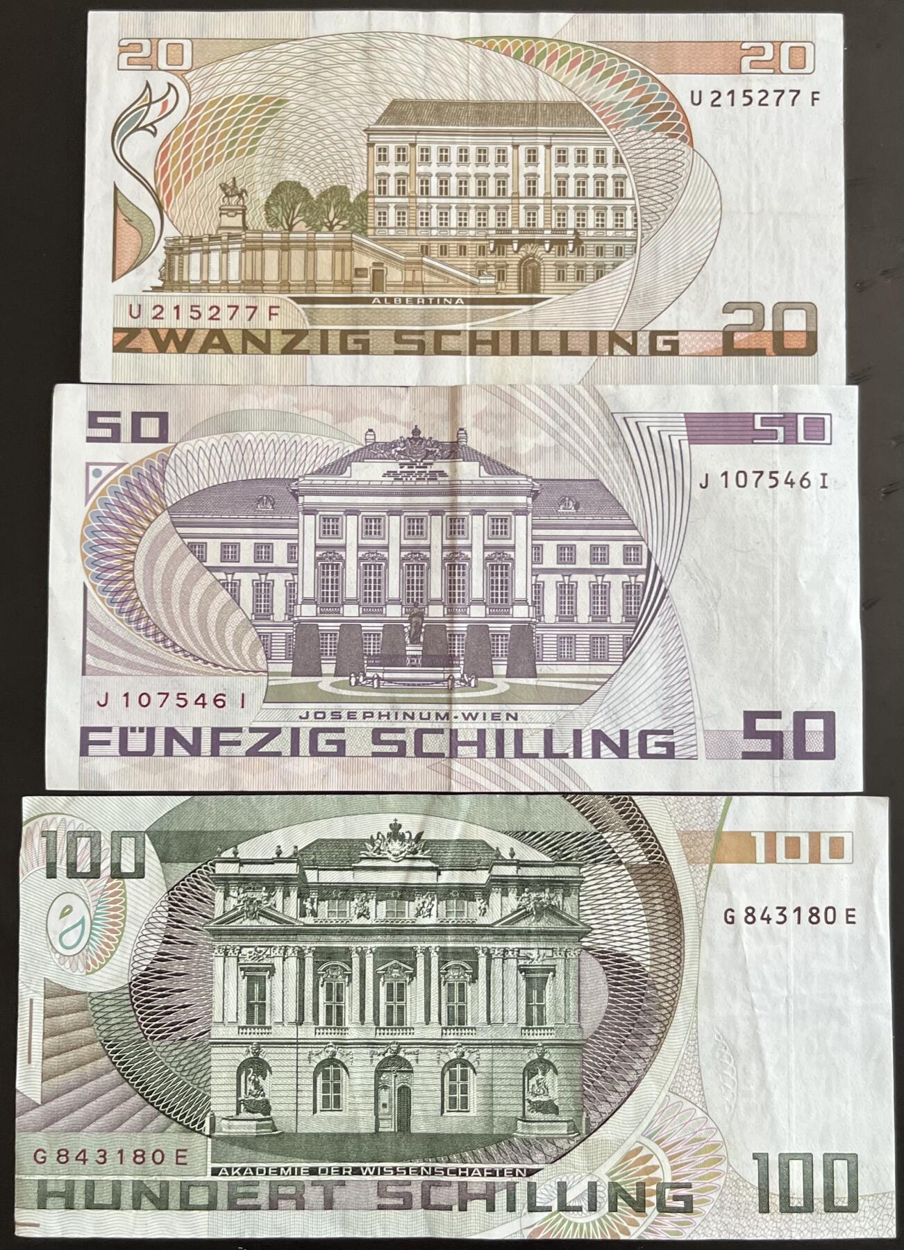 小福收藏拍卖第202期 流通品相裸钞 特惠场 本场全部为欧洲纸币【佣金仅收2% 不设最低佣金 全场包邮】 奥地利 20+50+100先令 1组3张