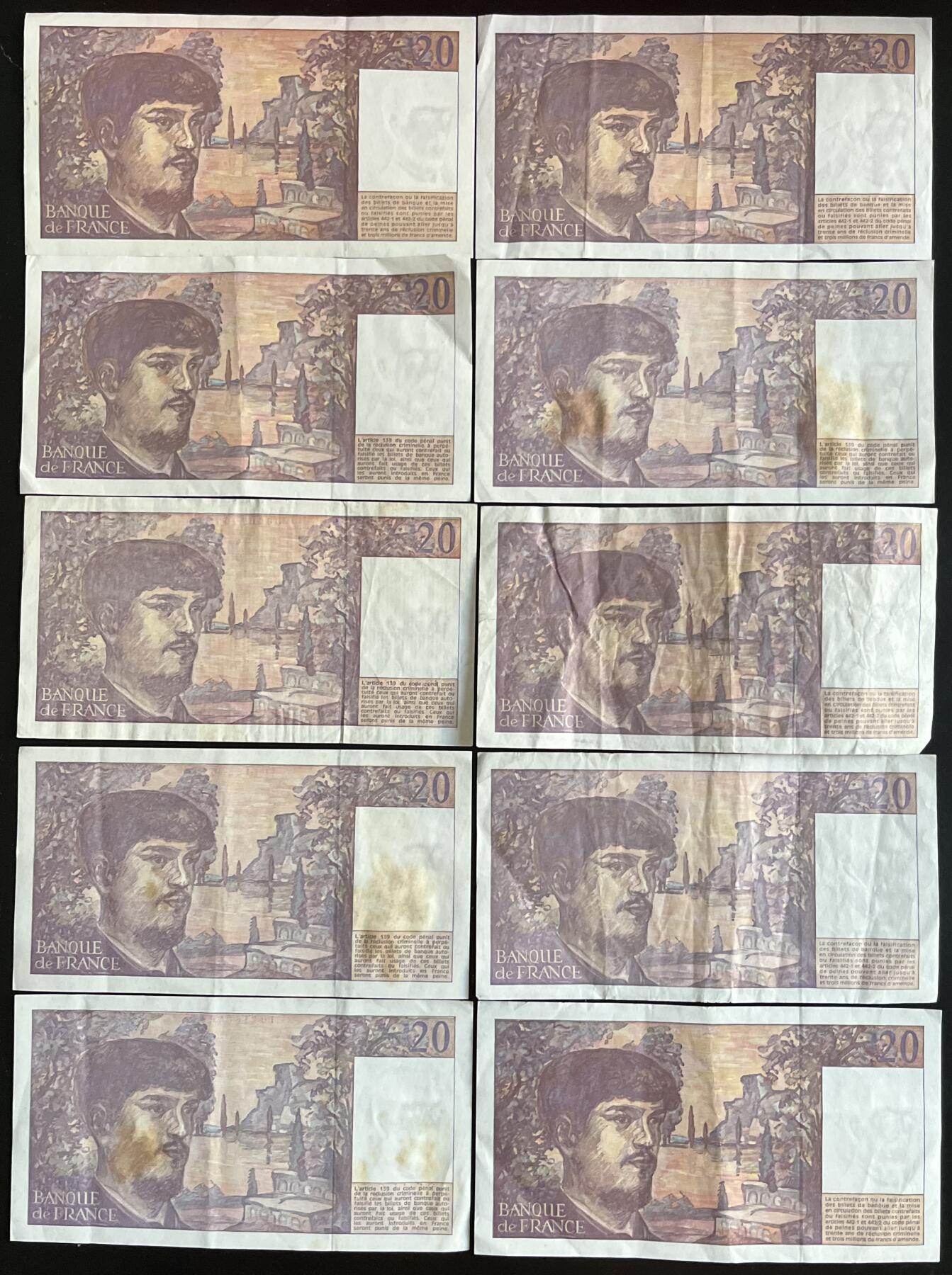 小福收藏拍卖第202期 流通品相裸钞 特惠场 本场全部为欧洲纸币【佣金仅收2% 不设最低佣金 全场包邮】 法国 1992-97年 20法郎 1组10张（含1张倒置号）