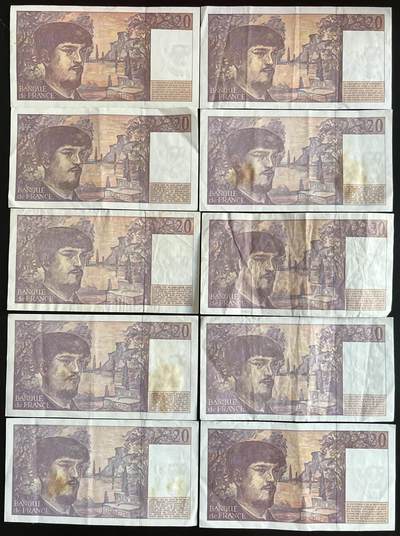 小福收藏拍卖第202期 流通品相裸钞 特惠场 本场全部为欧洲纸币【佣金仅收2% 不设最低佣金 全场包邮】 法国 1992-97年 20法郎 1组10张（含1张倒置号）