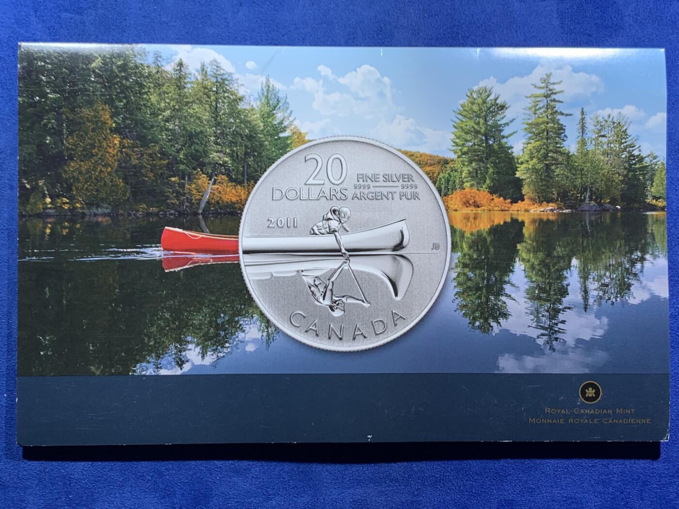 《竞宝斋》第467场 周日，周一 2场连拍 （全场包邮）欢迎送拍 加拿大2011年20加元类精制银币 独木舟 2013年获奖币最佳银币 7.98克999银 卡装