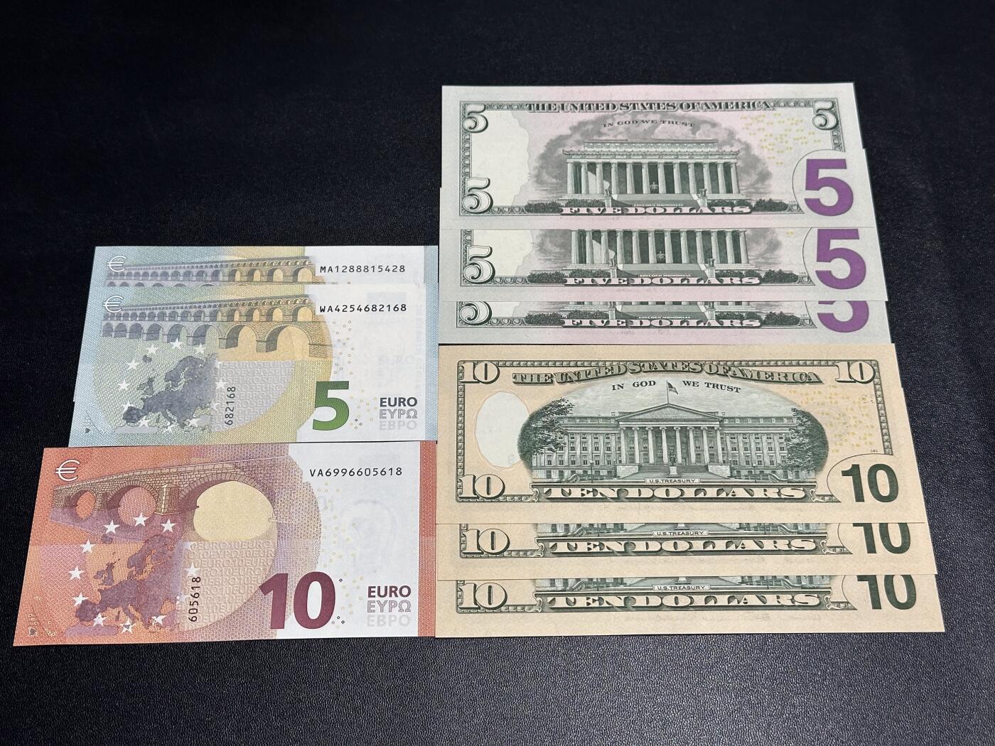 《外钞收藏家》第六百一十四期（精选场）（长期征集拍品、欢迎藏友们联系合作） 3签5和10欧3张+彩版5、10美元各3连号 一起9张 全新UNC