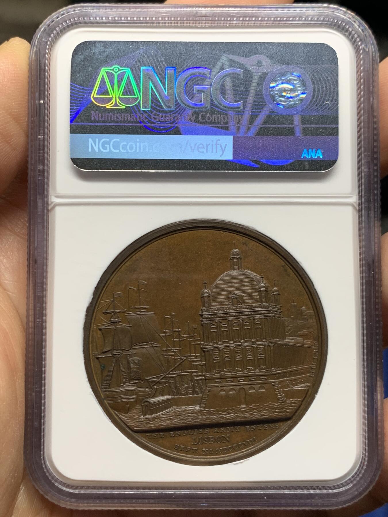 《竞宝斋》第467场 周日，周一 2场连拍 （全场包邮）欢迎送拍 NGC MS64BN 1808年英国纪念维米亚战役英军进入里斯本铜章 穆迪原盒系列 经典品种 稀少 超高分 加厚盒 双面高浮雕雕刻精美