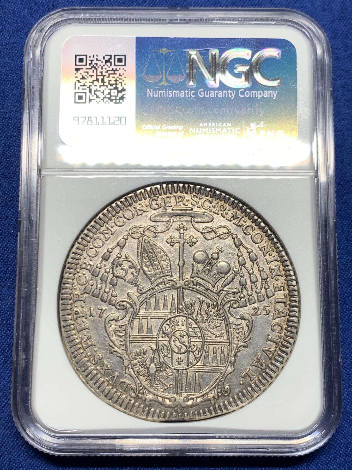 《竞宝斋》第467场 周日，周一 2场连拍 （全场包邮）欢迎送拍 NGC AU55 波西米亚王国 奥洛穆茨主教区 1725年 泰勒大银币 少见人像底板带光可藏