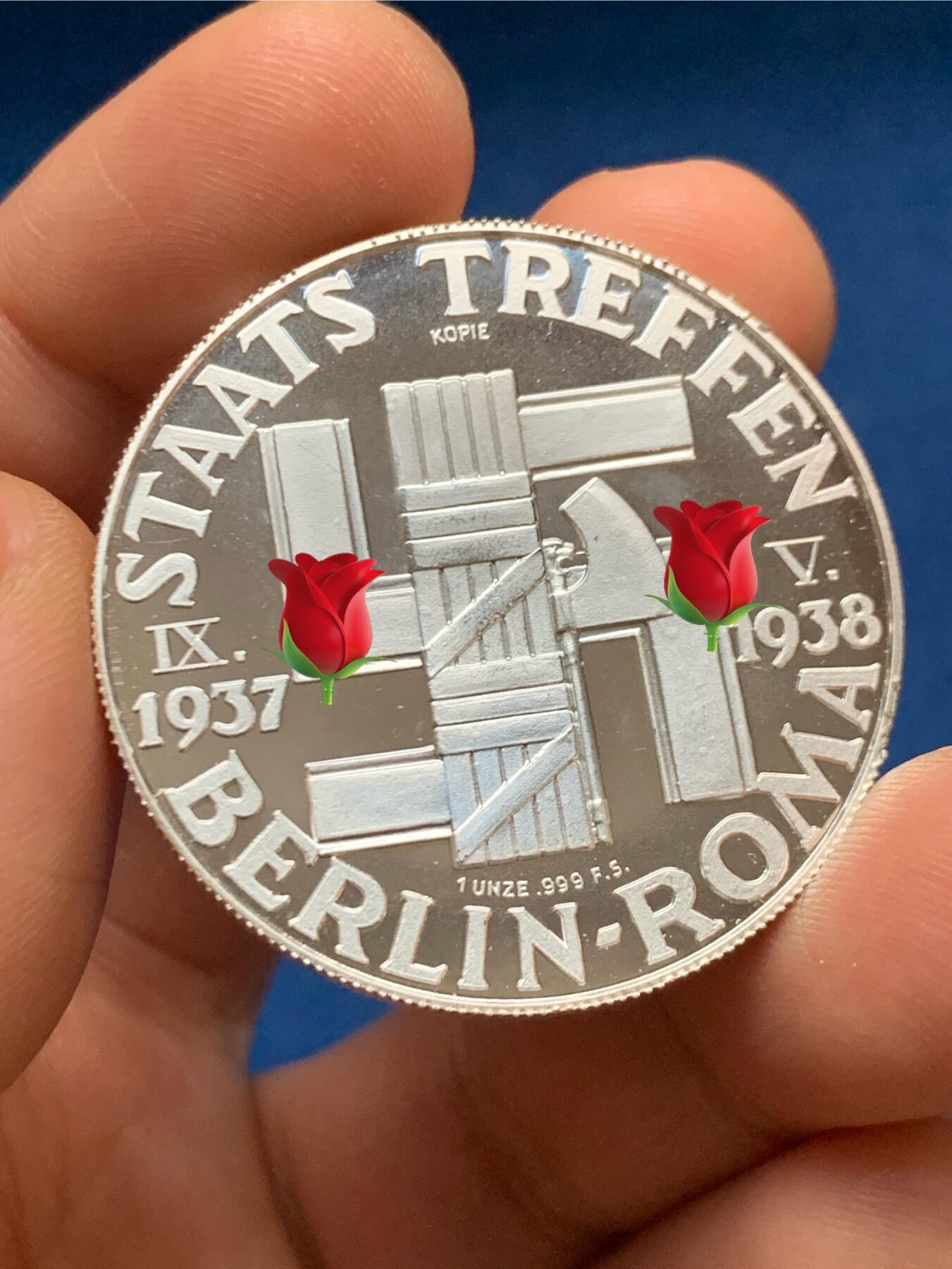 《竞宝斋》第467场 周日，周一 2场连拍 （全场包邮）欢迎送拍 德意同盟复刻精制银章 重一盎司31.18克 38.2mm