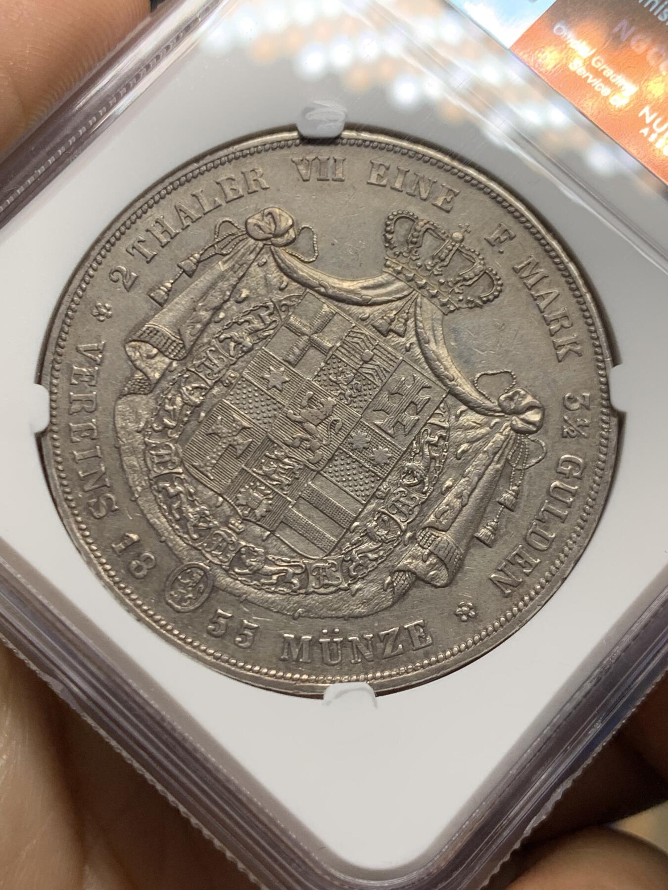 《竞宝斋》第467场 周日，周一 2场连拍 （全场包邮）欢迎送拍 NGC AU 德国 1855年 黑森卡塞尔 2泰勒大银币 37克大窗帘 细节保存的很好