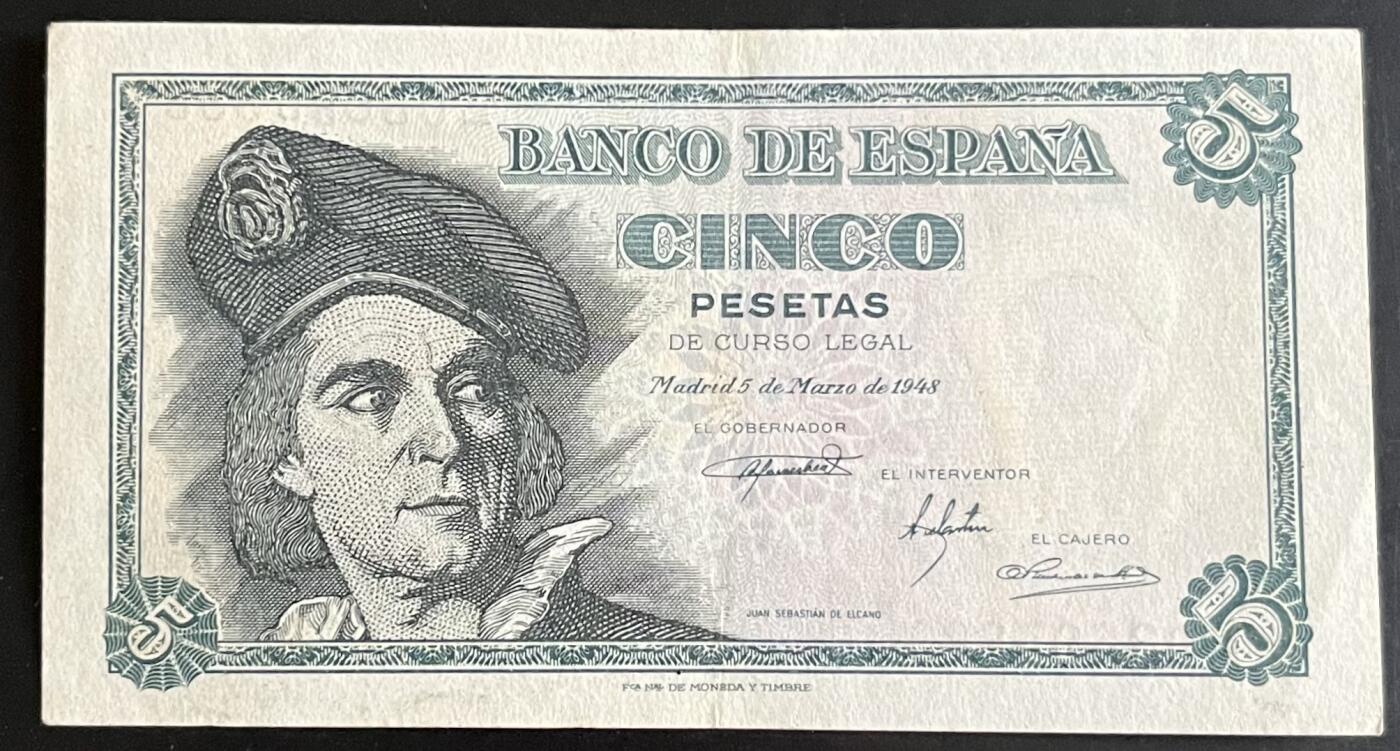 小福收藏拍卖第202期 流通品相裸钞 特惠场 本场全部为欧洲纸币【佣金仅收2% 不设最低佣金 全场包邮】 西班牙 1948年 5比塞塔 AUNC