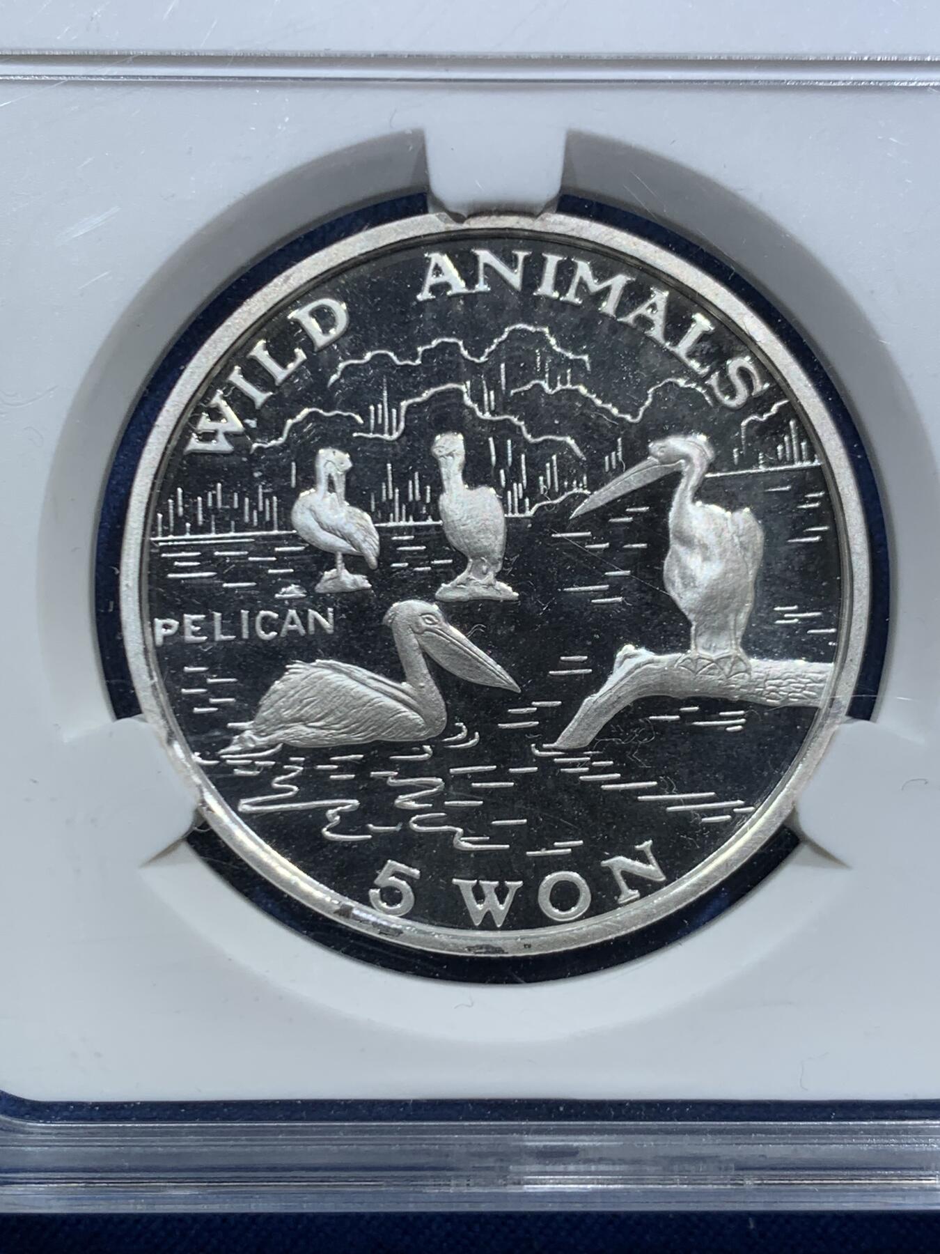 《竞宝斋》第467场 周日，周一 2场连拍 （全场包邮）欢迎送拍 朝鲜中央银行官方原封，朝鲜2003年野生动物系列—鹈鹕5朝鲜元精制银币，镜面超高浮雕，20克，900银，少见种类。