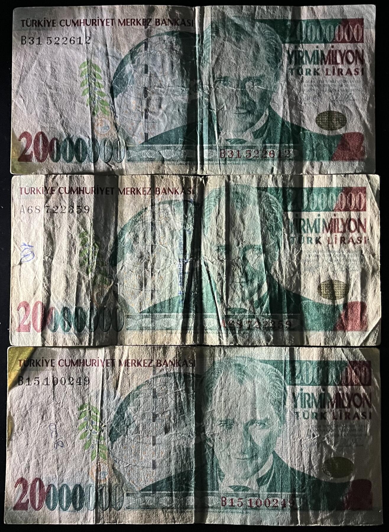 小福收藏拍卖第201期 流通品相裸钞 特惠场 本场拍卖美洲大洋洲非洲亚洲纸币【佣金仅收2% 不设最低佣金 全场包邮】 土耳其 2000年 20000000里拉 1组3张