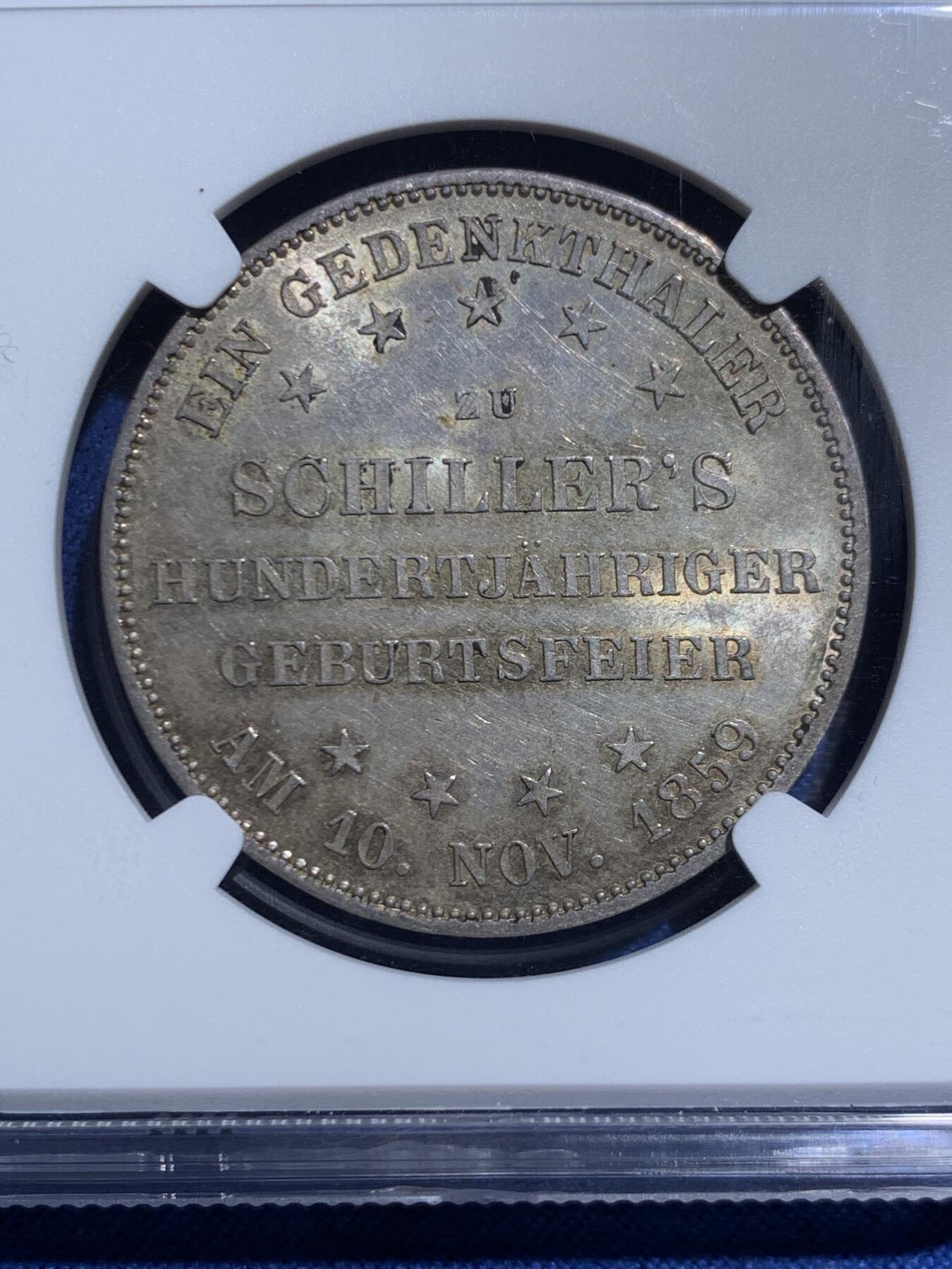 《竞宝斋》第467场 周日，周一 2场连拍 （全场包邮）欢迎送拍 NGC MS62 德国1859年法兰克福纪念席勒1泰勒银币，非常不错的一枚。