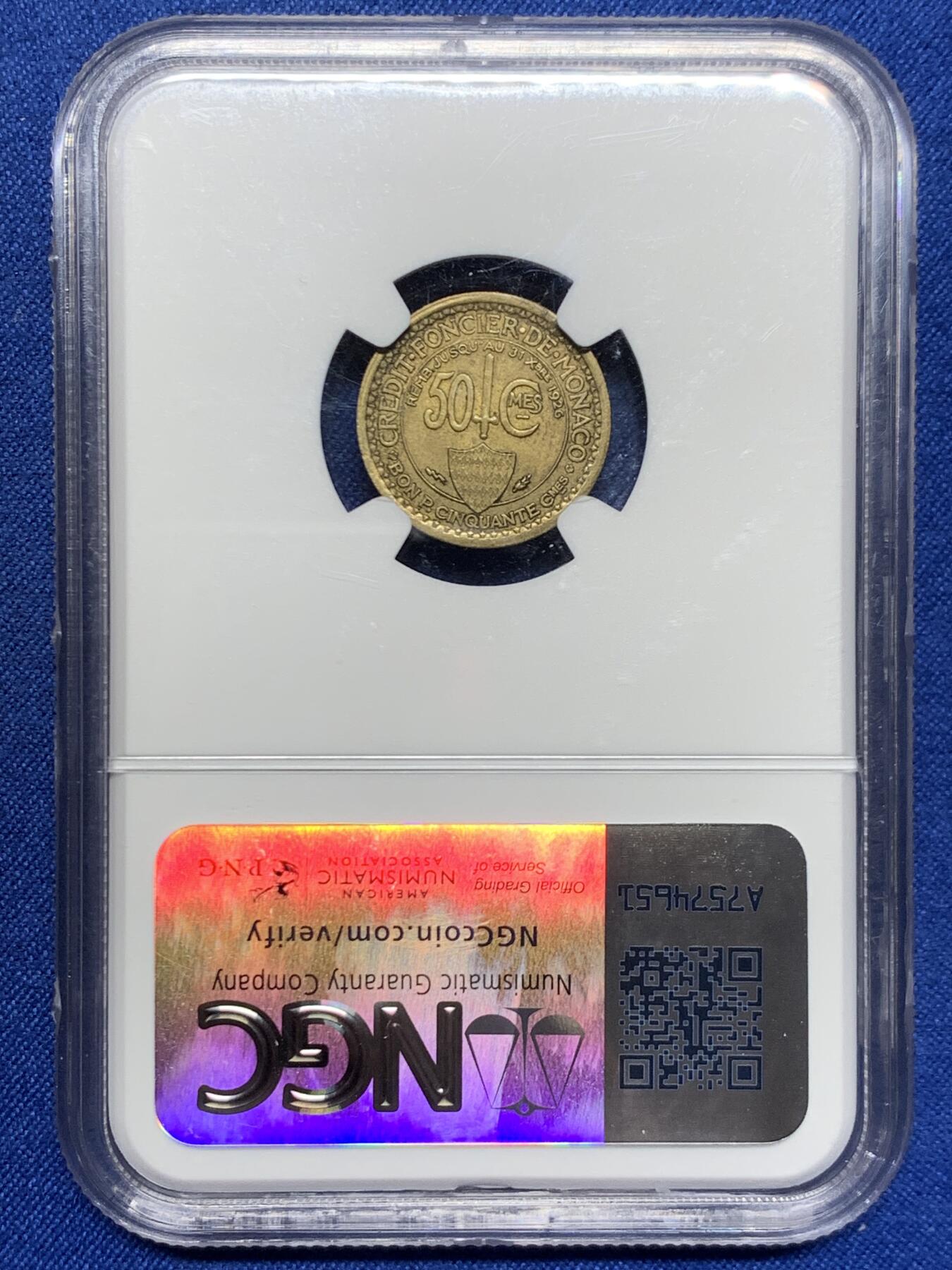 《竞宝斋》第467场 周日，周一 2场连拍 （全场包邮）欢迎送拍 NGC MS62 摩纳哥1924年路易二世50分