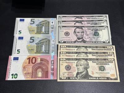 《外钞收藏家》第六百一十四期（精选场）（长期征集拍品、欢迎藏友们联系合作） - 3签5和10欧3张+彩版5、10美元各3连号 一起9张 全新UNC