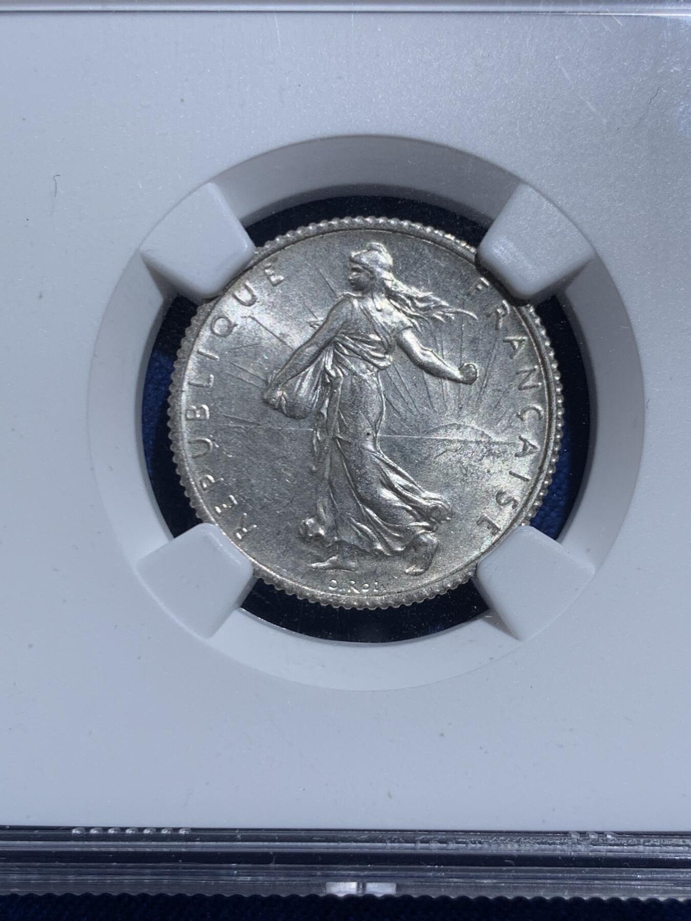 《竞宝斋》第467场 周日，周一 2场连拍 （全场包邮）欢迎送拍 NGC MS62 法国1917年播种女神1法郎银币