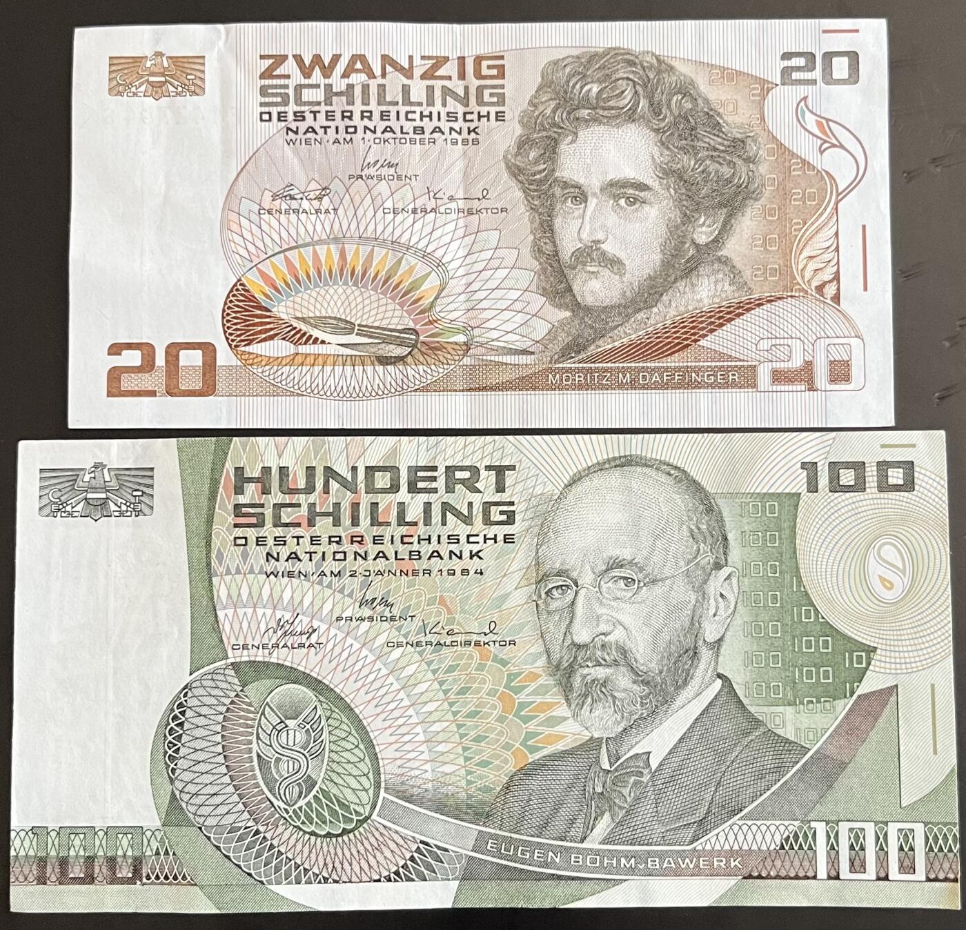 小福收藏拍卖第202期 流通品相裸钞 特惠场 本场全部为欧洲纸币【佣金仅收2% 不设最低佣金 全场包邮】 奥地利 1986年 20+1984年 100先令