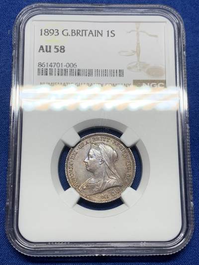 《竞宝斋》第467场 周日，周一 2场连拍 （全场包邮）欢迎送拍 - NGC AU58 英国 1893年 维多利亚 披纱1先令 银币 包浆漂亮