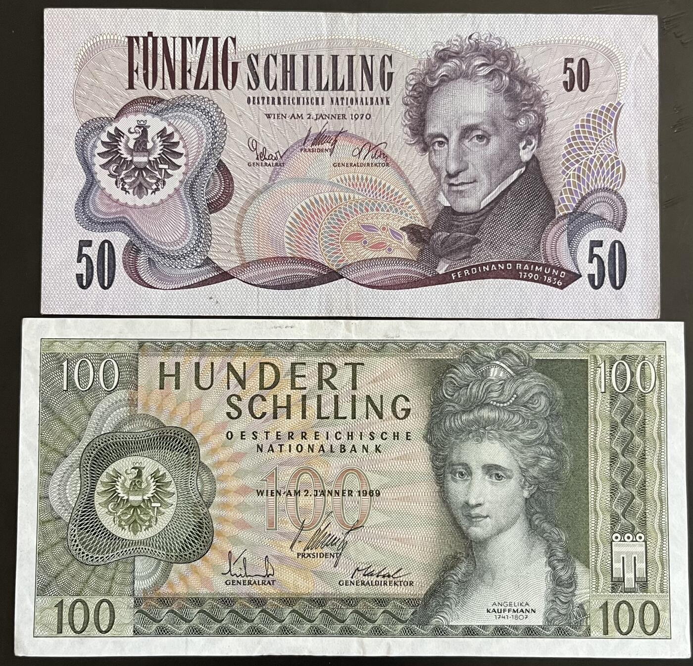 小福收藏拍卖第202期 流通品相裸钞 特惠场 本场全部为欧洲纸币【佣金仅收2% 不设最低佣金 全场包邮】 奥地利 1969年 100+1970年 50先令