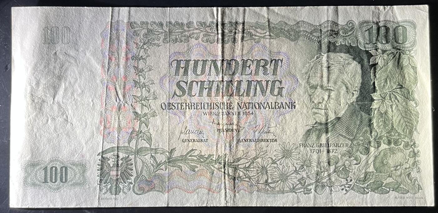 小福收藏拍卖第202期 流通品相裸钞 特惠场 本场全部为欧洲纸币【佣金仅收2% 不设最低佣金 全场包邮】 奥地利 1954年 100先令