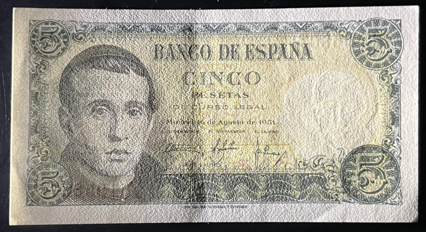小福收藏拍卖第202期 流通品相裸钞 特惠场 本场全部为欧洲纸币【佣金仅收2% 不设最低佣金 全场包邮】 西班牙 1951年 5比塞塔 AUNC