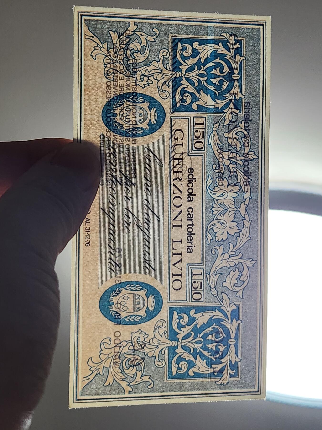 3月2号晚上8点 外国纸币自动截拍第33场 全新UNC 意大利 1976年150里拉 支票