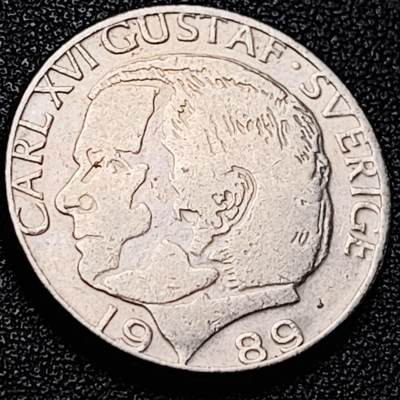 泉币菌-第204场-元宵节专场 本场拍品多 请提前出价 - 瑞典1989年1克朗铜镍币，卡尔十六世 古斯塔夫，25mm