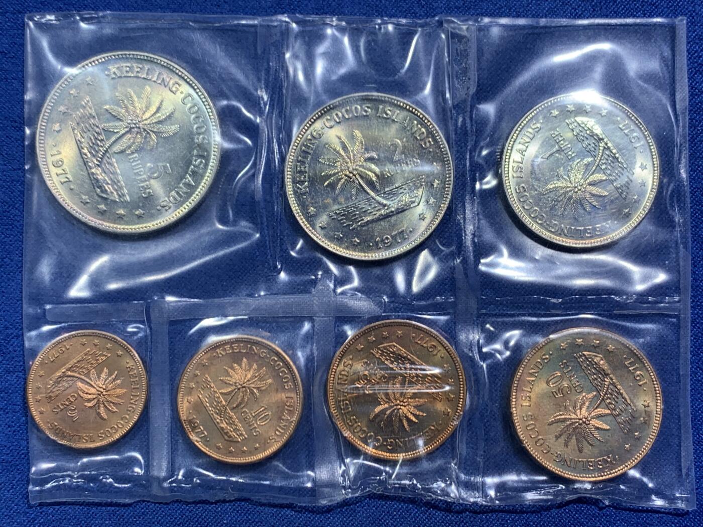 《竞宝斋》第467场 周日，周一 2场连拍 （全场包邮）欢迎送拍 1977年 基林科科斯群岛 5分-5卢比 7枚封装 状态都挺不错的 可藏