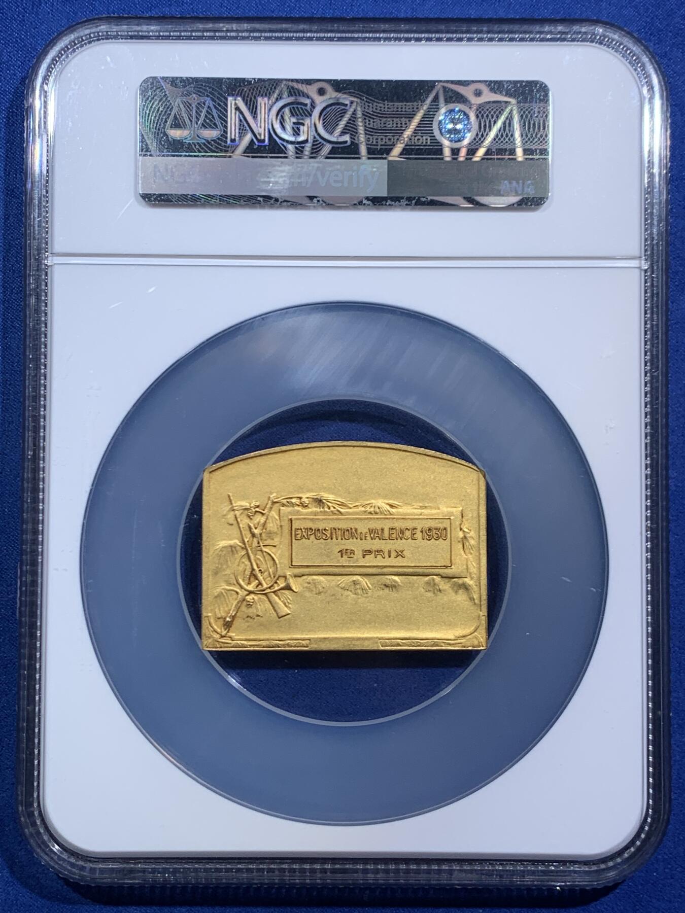 《竞宝斋》第467场 周日，周一 2场连拍 （全场包邮）欢迎送拍 NGC MS65 法国1930年猎犬博览会镀金异形大铜章，65顶级高分。中间坐姿女神与两边狗狗刻画生动精美，充分展现不同犬类的特征。加大盒封装，评级费就要二三百。状态绝佳，金水非常足，镀层状态极美。