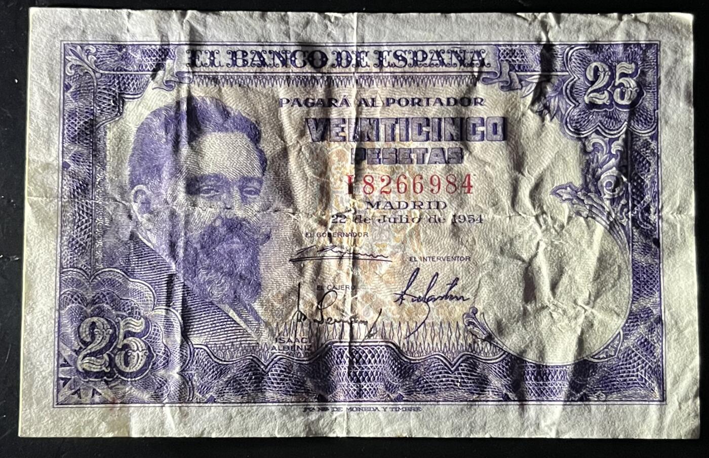 小福收藏拍卖第202期 流通品相裸钞 特惠场 本场全部为欧洲纸币【佣金仅收2% 不设最低佣金 全场包邮】 西班牙 1954年 25比塞塔