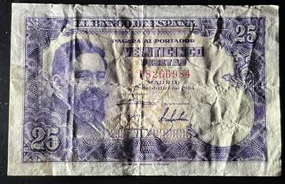 小福收藏拍卖第202期 流通品相裸钞 特惠场 本场全部为欧洲纸币【佣金仅收2% 不设最低佣金 全场包邮】 西班牙 1954年 25比塞塔