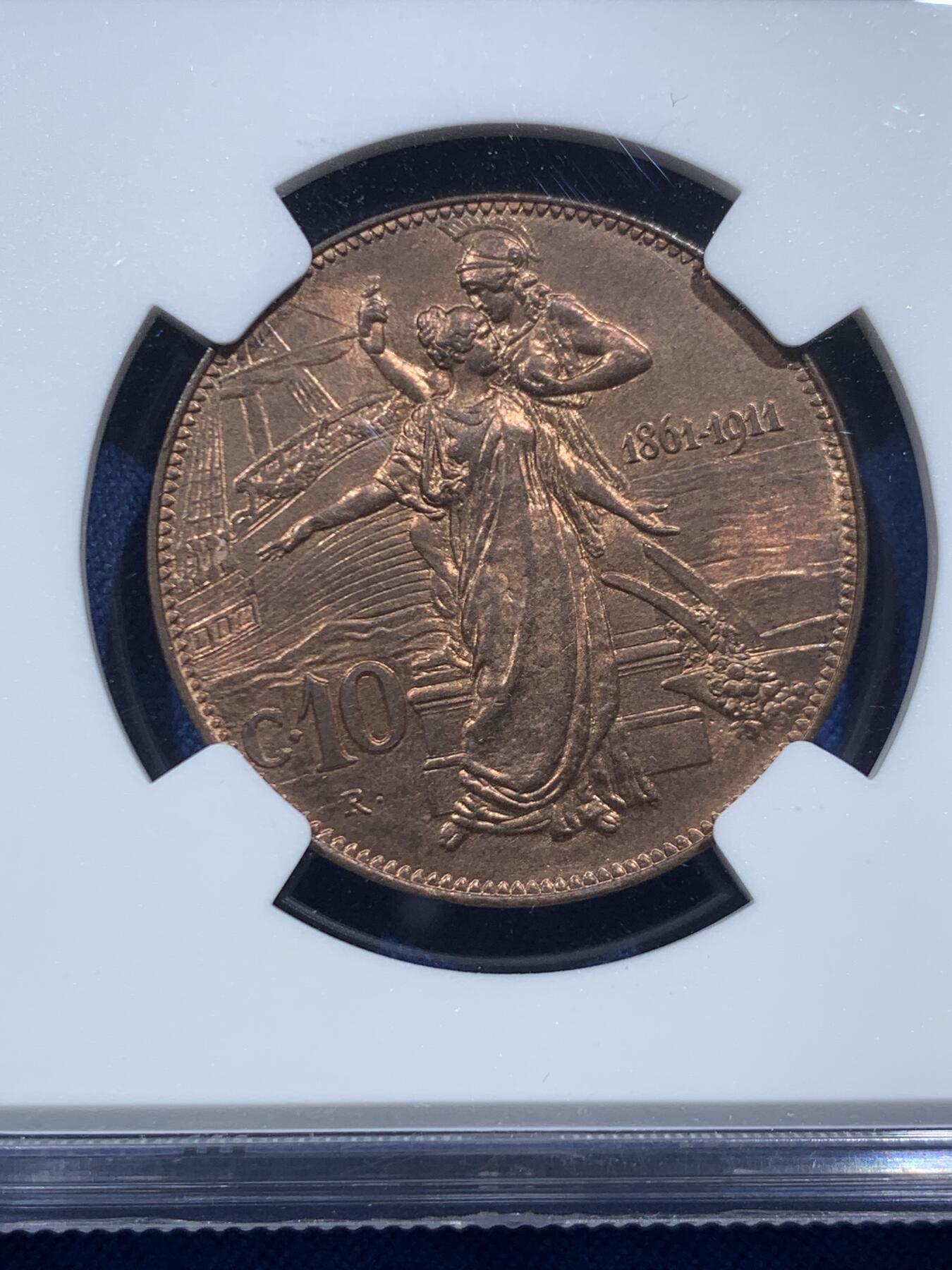 《竞宝斋》第467场 周日，周一 2场连拍 （全场包邮）欢迎送拍 NGC MS64RB 意大利伊曼纽尔三世1911年“拖奶”10分大铜币，意系铜币中的永恒经典。此枚红铜光靓丽，接近RD级别，实物观感非常好。