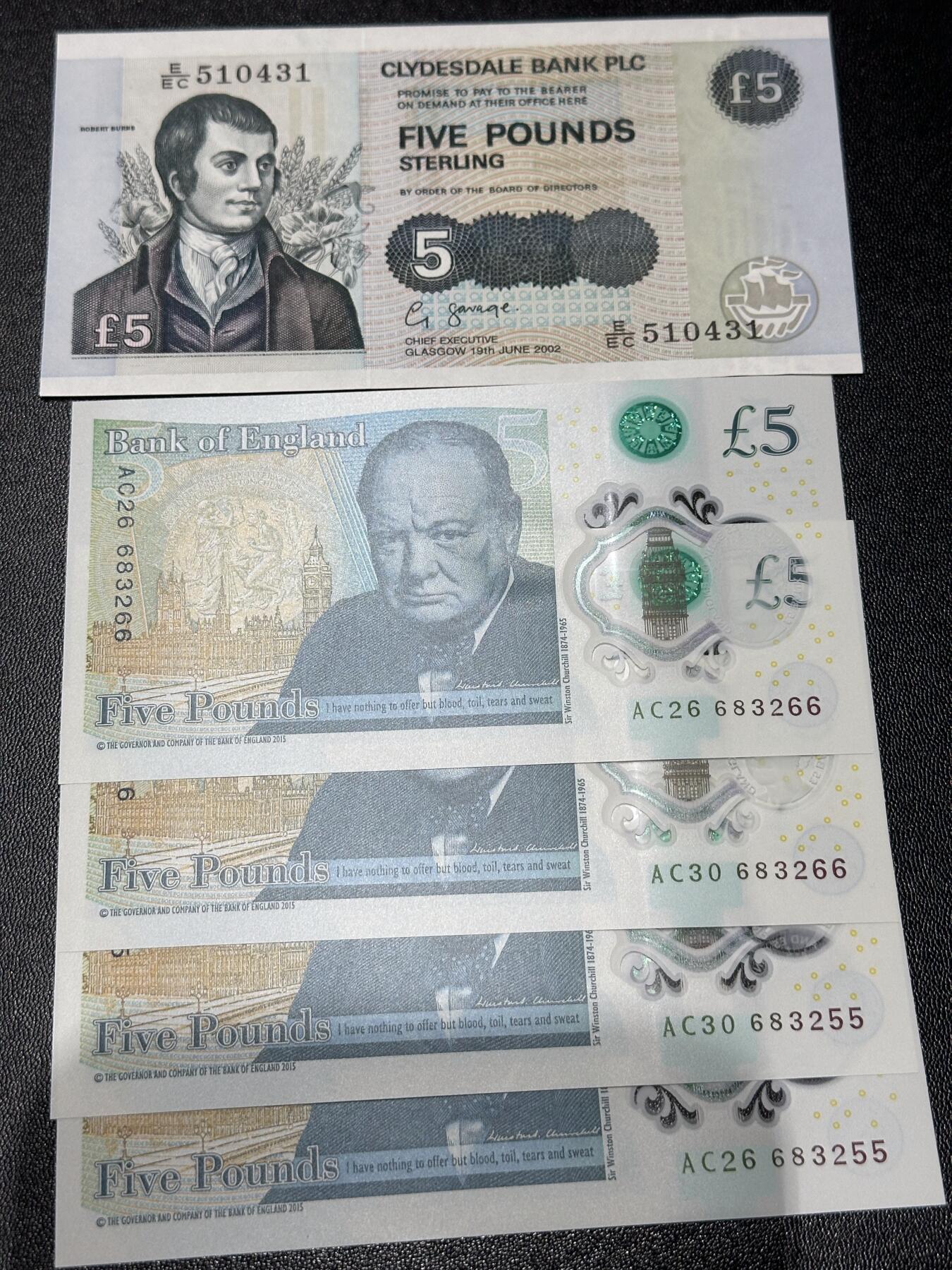 《外钞收藏家》第六百一十四期（精选场）（长期征集拍品、欢迎藏友们联系合作） 苏格兰克莱斯戴尔银行5镑+女王版塑料钞5镑尾55、66两对同号 一起5张 全新UNC