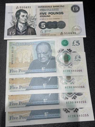 《外钞收藏家》第六百一十四期（精选场）（长期征集拍品、欢迎藏友们联系合作） - 苏格兰克莱斯戴尔银行5镑+女王版塑料钞5镑尾55、66两对同号 一起5张 全新UNC