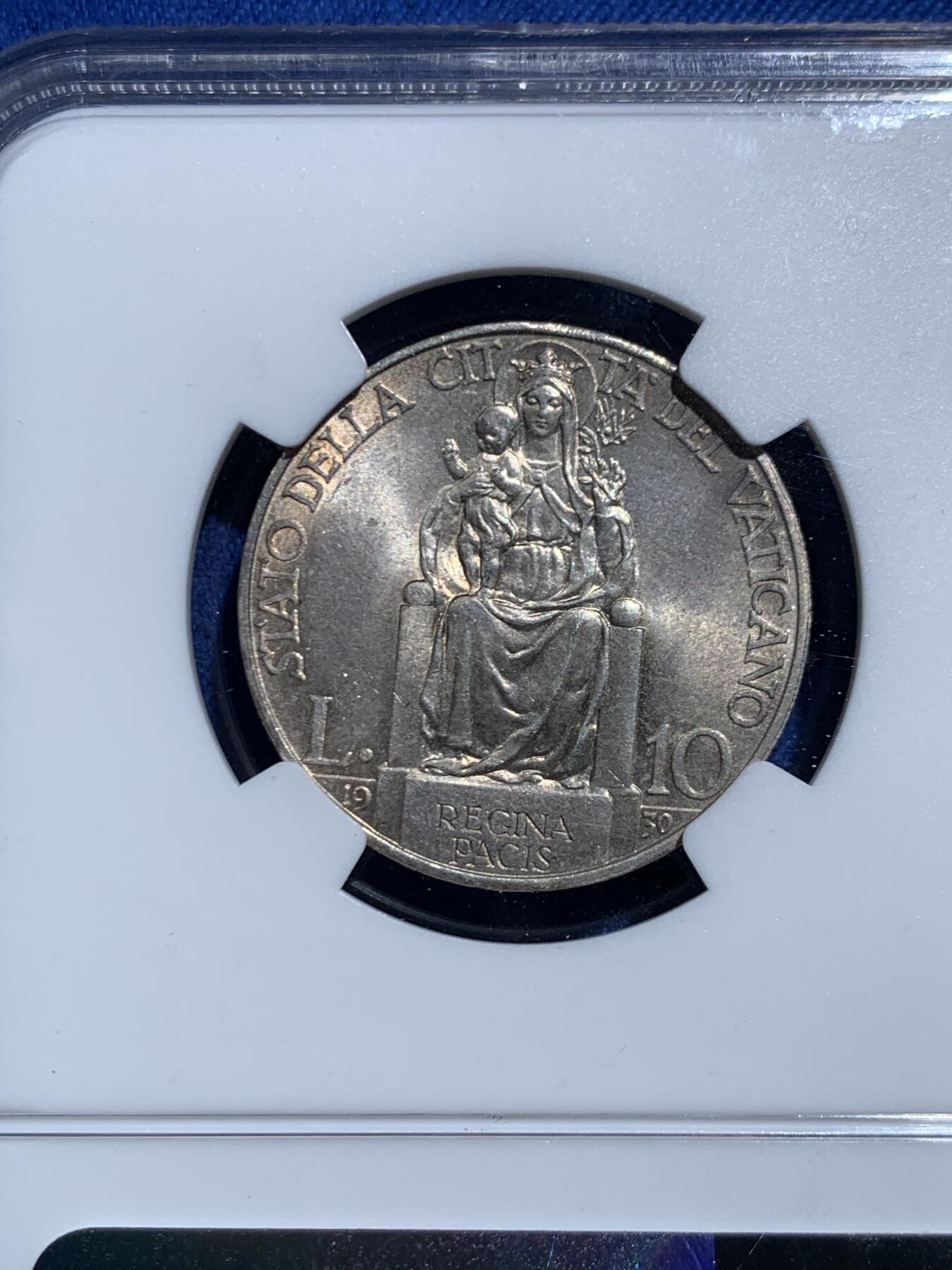 《竞宝斋》第467场 周日，周一 2场连拍 （全场包邮）欢迎送拍 NGC MS64 梵蒂冈1930年教皇10里拉银币