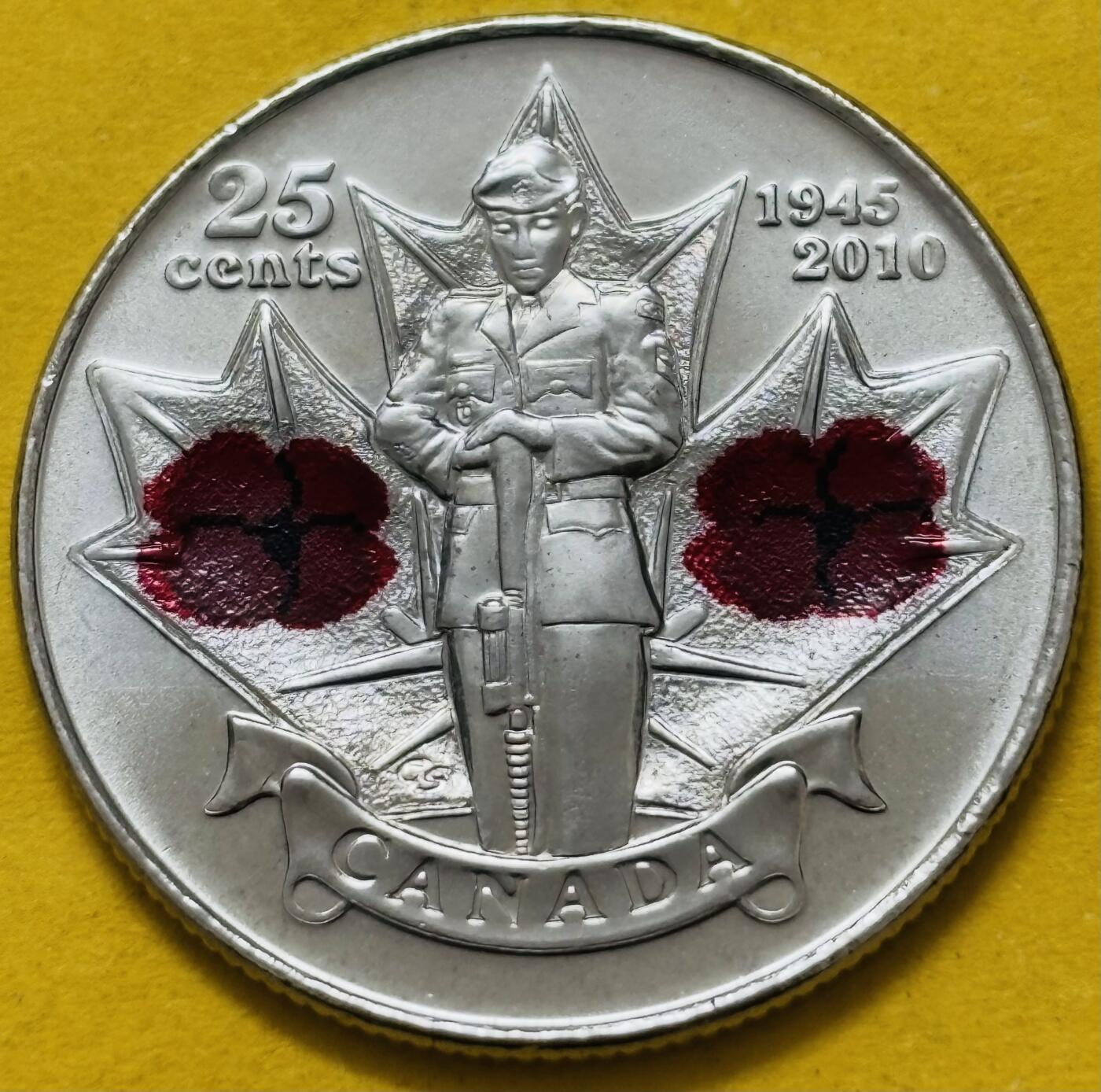 文馨钱币收藏第 295 场，（元宵场）各种银币散币纪念章，长期接代拍业务 全新加拿大2010年二战65周年纪念荣军日25分双罂粟彩色纪念币