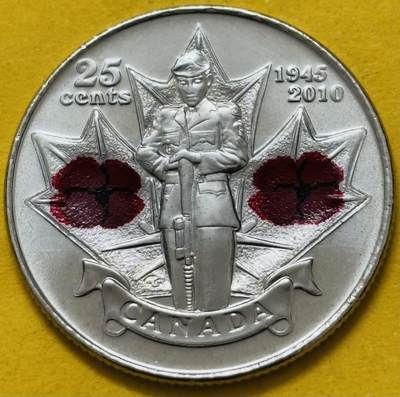 文馨钱币收藏第 295 场，（元宵场）各种银币散币纪念章，长期接代拍业务 - 全新加拿大2010年二战65周年纪念荣军日25分双罂粟彩色纪念币