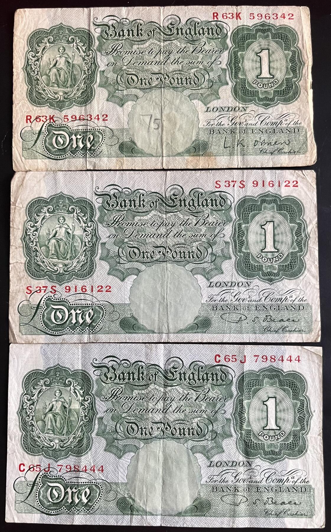 小福收藏拍卖第202期 流通品相裸钞 特惠场 本场全部为欧洲纸币【佣金仅收2% 不设最低佣金 全场包邮】 英国1镑 1组3张（含1张豹子号 ）